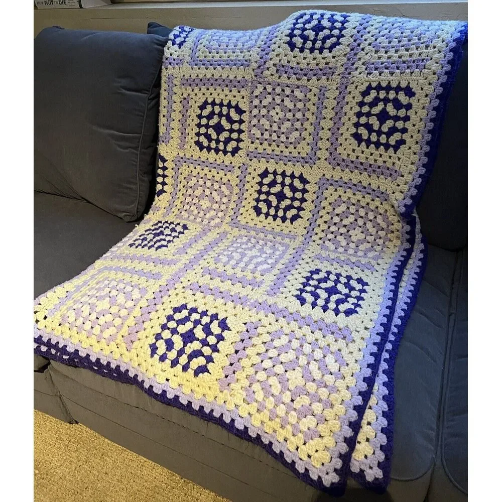 Vtg Purple White Crochet Handmade Afghan Throw Blanket Granny Square Style 48x64